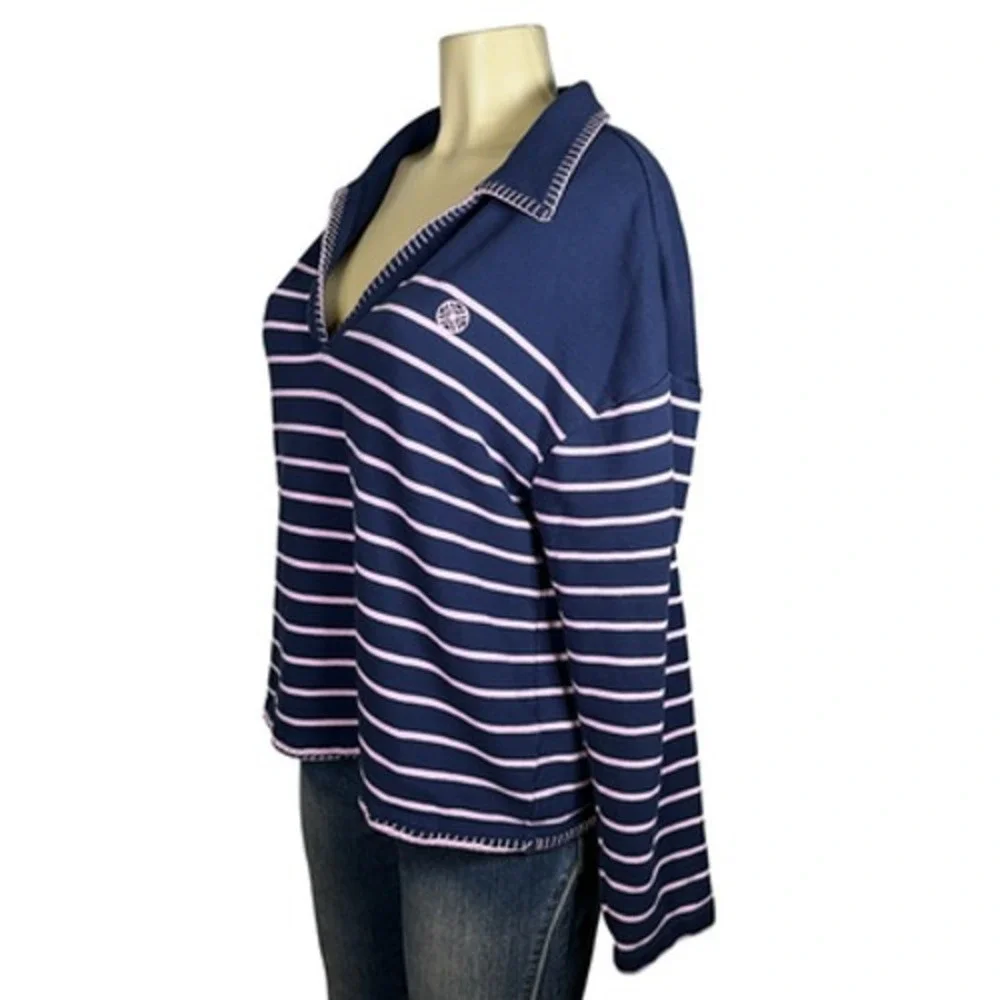 Lilly Pulitzer Sweater Womens XL Blue Stripe Collared V Neck Pullover Knit Top - Picture 3 of 9